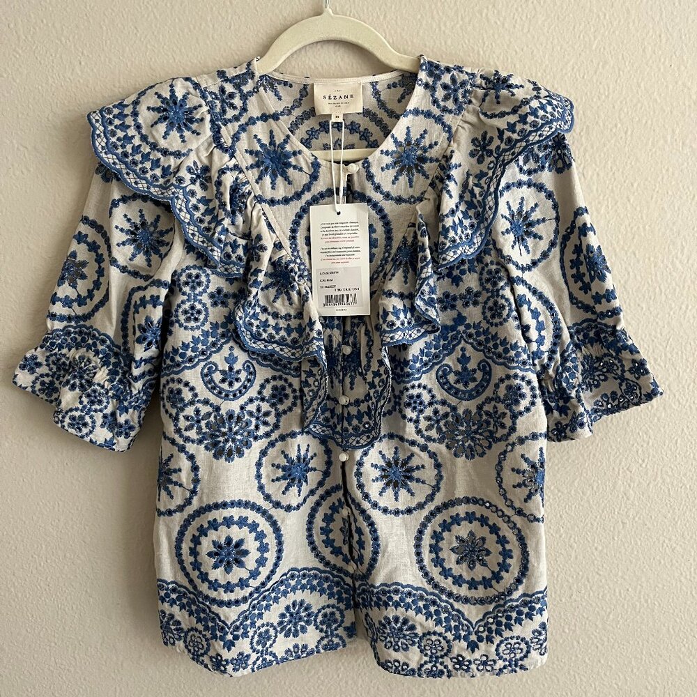Sezane South Blouse Ecru Bleu - Size 36